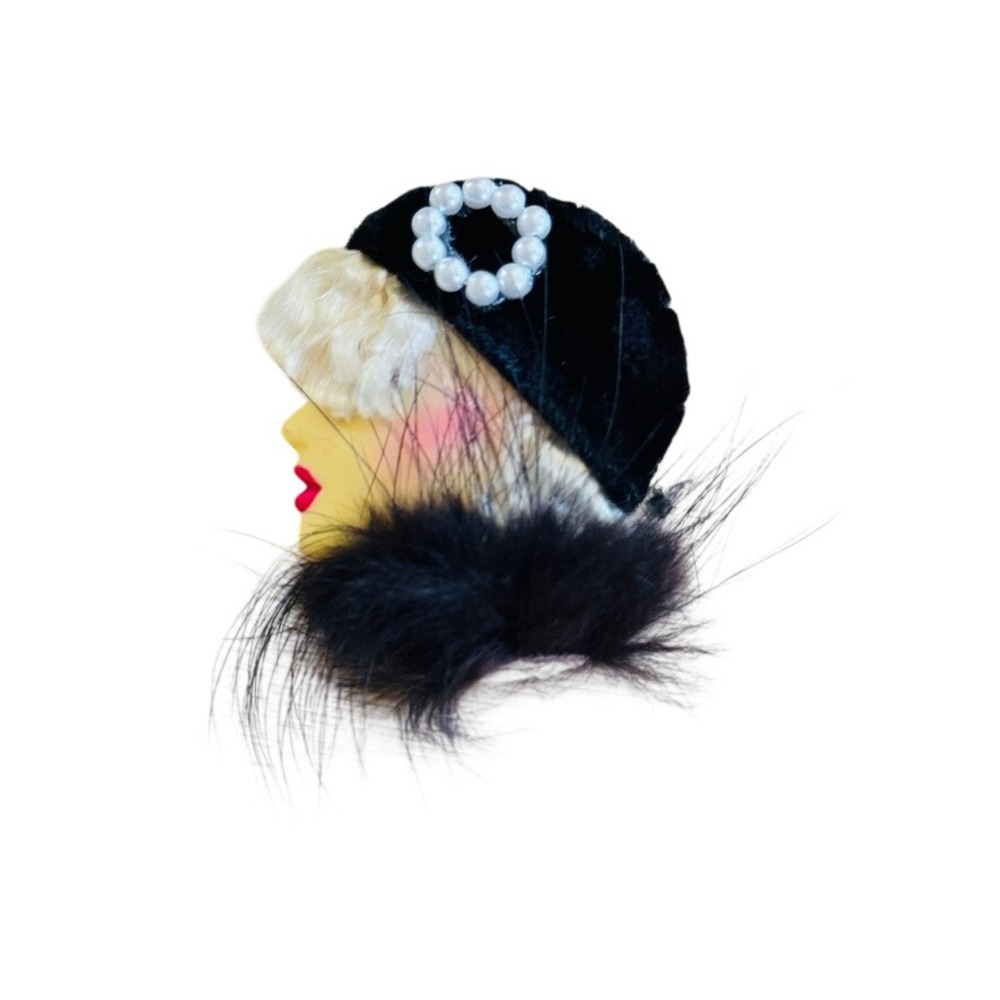 Flapper Art Deco Lady Face Fur Brooch Pin VTG Black Pearl Gold Retro 80s Regal